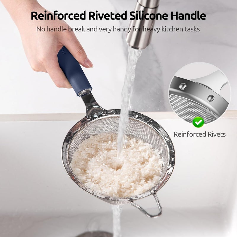 U-Taste 12cm Wide Mesh Strainer: 18/8 Stainless Steel 30-Mesh Fine Food Sieve with Upgraded Heavy Duty Riveted Silicone Handle, 6.5cm Deep Metal Kitchen Colander for Baking, Rice, Flour(Midnight Blue) - Image 3