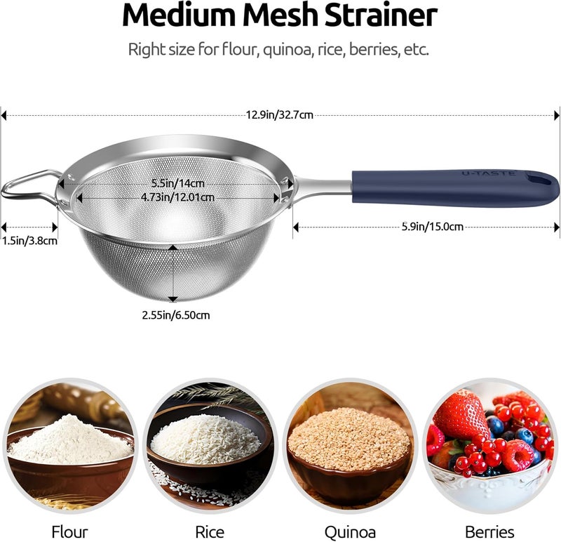 U-Taste 12cm Wide Mesh Strainer: 18/8 Stainless Steel 30-Mesh Fine Food Sieve with Upgraded Heavy Duty Riveted Silicone Handle, 6.5cm Deep Metal Kitchen Colander for Baking, Rice, Flour(Midnight Blue) - Image 1
