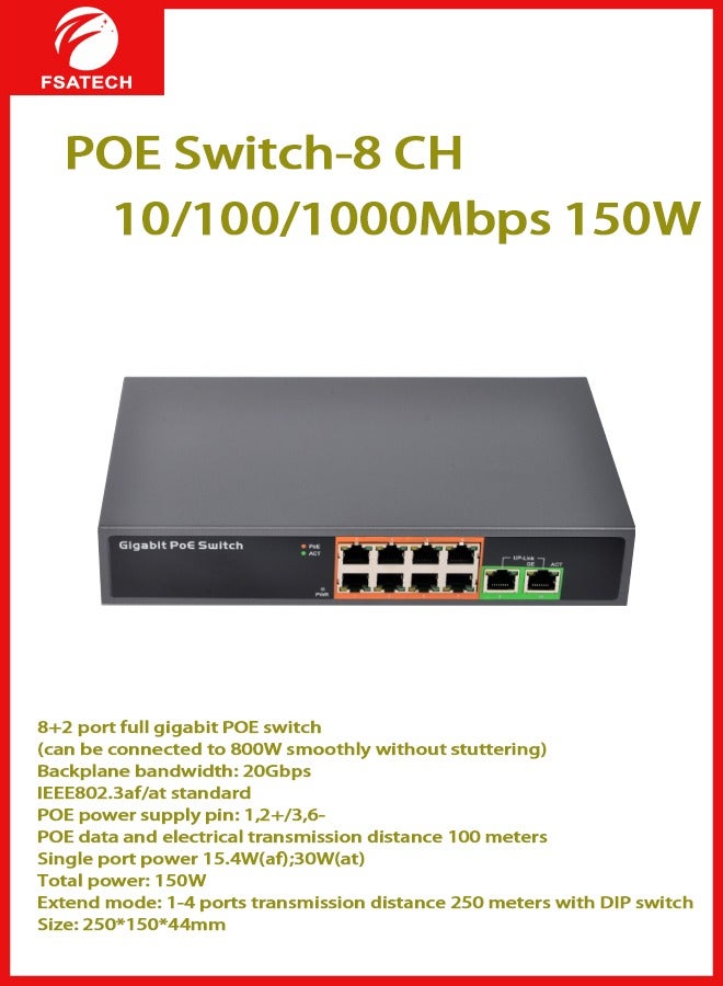 FSATECH مفتاح 8CH POE، 10/100/1000 ميجابت في الثانية، 150 وات - Image 1