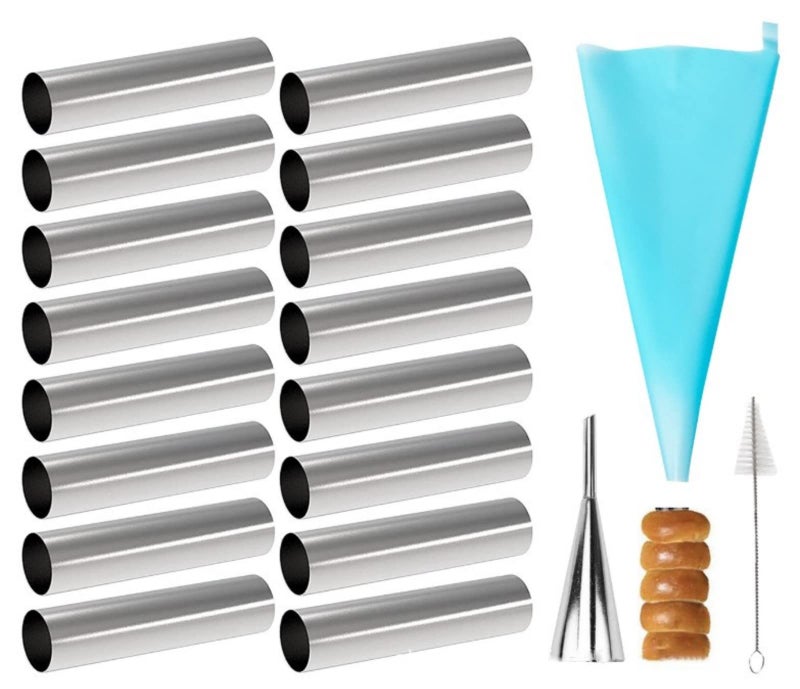 مجموعة قوالب أنابيب كانولي 16 قطعة من جويي مع أنابيب غير لاصقة بطول 47 بوصة وحقيبة تزيين قابلة لإعادة الاستخدام وفرشاة ونصائح من الفولاذ المقاوم للصدأ لصنع قشور الكرواسون ولفائف الكريمة