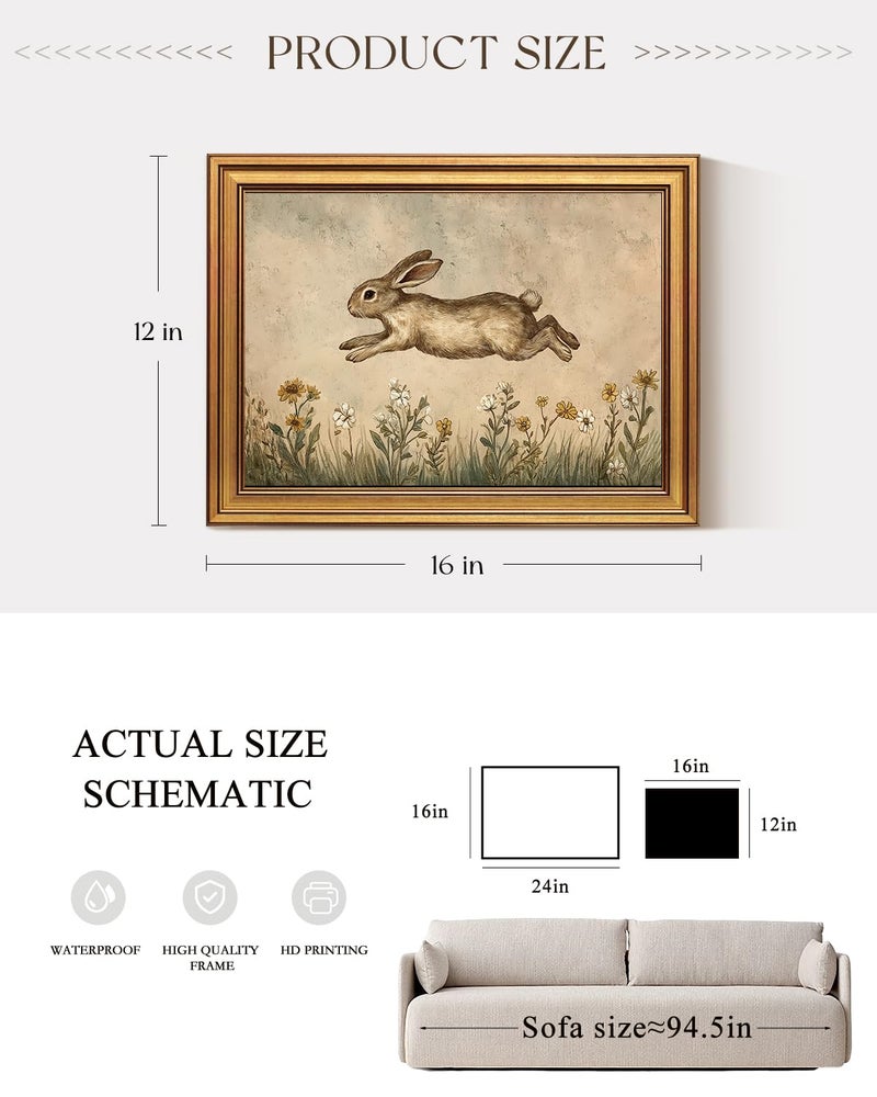 ARPEOTCY Gold Framed Art Prints, Easter Bunny Art Decor for Nursery Kids Room,12x16inch, Vintage Leaping Rabbit Painting Gifts, Spring Cottage Farmhouse Cozy Rustic Home Decorations - Image 4