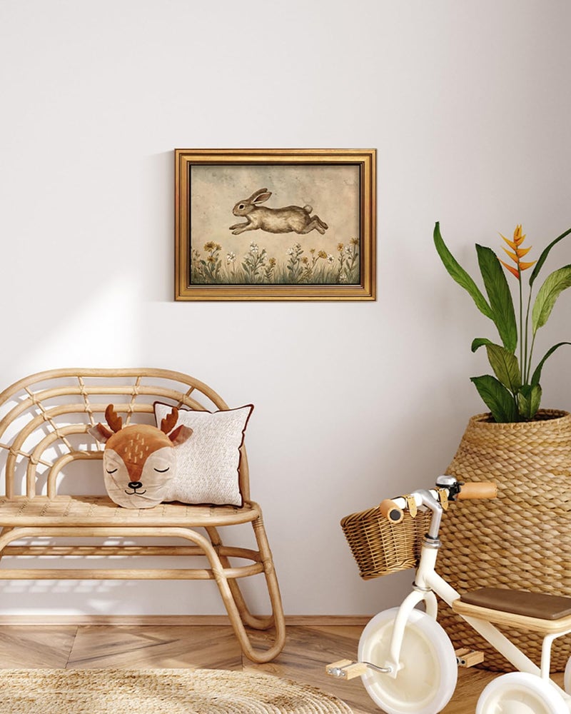 ARPEOTCY Gold Framed Art Prints, Easter Bunny Art Decor for Nursery Kids Room,12x16inch, Vintage Leaping Rabbit Painting Gifts, Spring Cottage Farmhouse Cozy Rustic Home Decorations - Image 3
