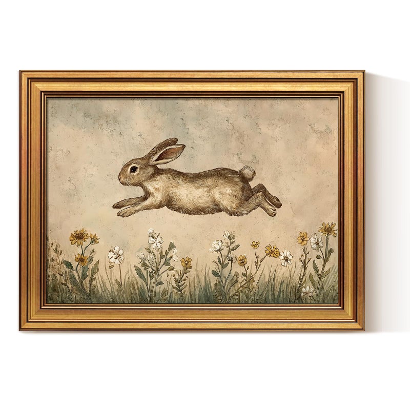 ARPEOTCY Gold Framed Art Prints, Easter Bunny Art Decor for Nursery Kids Room,12x16inch, Vintage Leaping Rabbit Painting Gifts, Spring Cottage Farmhouse Cozy Rustic Home Decorations - Image 1