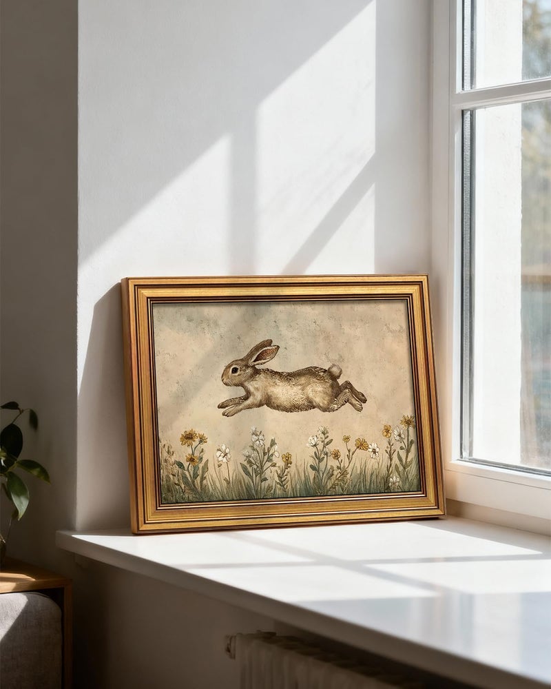 ARPEOTCY Gold Framed Art Prints, Easter Bunny Art Decor for Nursery Kids Room,12x16inch, Vintage Leaping Rabbit Painting Gifts, Spring Cottage Farmhouse Cozy Rustic Home Decorations - Image 2
