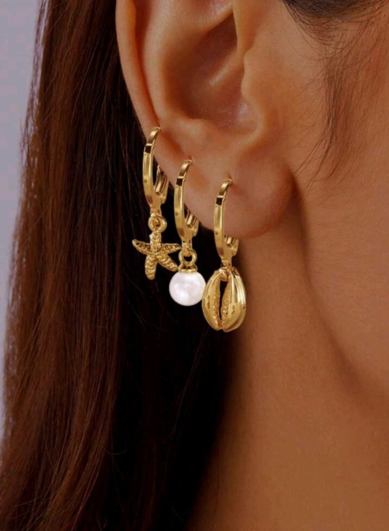 شي إن مجموعة من 3 قطع أقراط أنيقة مخصصة على شكل نجمة البحر والأصداف واللؤلؤ - Image 1