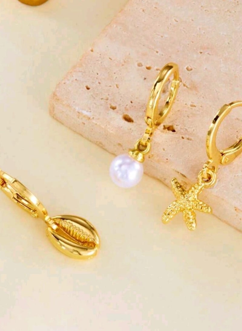 شي إن مجموعة من 3 قطع أقراط أنيقة مخصصة على شكل نجمة البحر والأصداف واللؤلؤ - Image 3