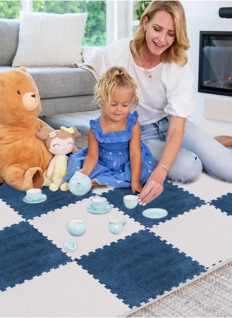 HomarKet - 16Pcs Interlocking Foam Mats, Fluffy Carpet Tiles, Plush Area Rug, Square Splicing Floor Tiles, Soft Playmat Puzzle Floor Mat for Play Room, Apricot 30*30*1cm(Blue/White) - Image 1