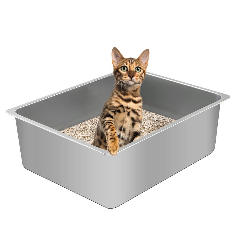Tondid Stainless Steel Cat Litter Box, Metal High Sided Kitty Large Litter Box Pan,Non-Sticky, Easy to Clean, Pet Toilet Supplies for Kitten, Rabbit (Silver, 17.7" x13.8" x6") - Image 1