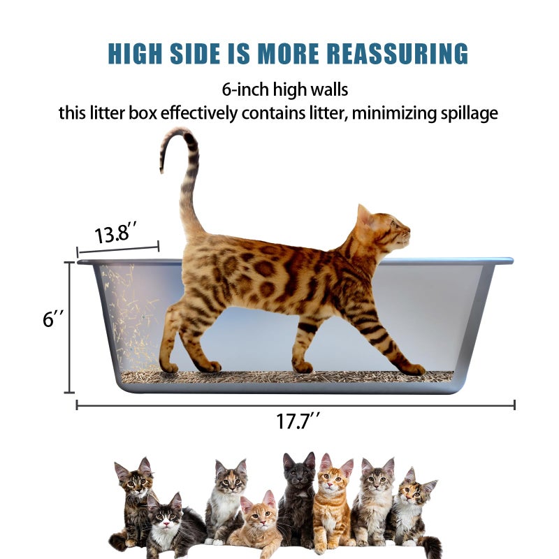 Tondid Stainless Steel Cat Litter Box, Metal High Sided Kitty Large Litter Box Pan,Non-Sticky, Easy to Clean, Pet Toilet Supplies for Kitten, Rabbit (Silver, 17.7" x13.8" x6") - Image 2