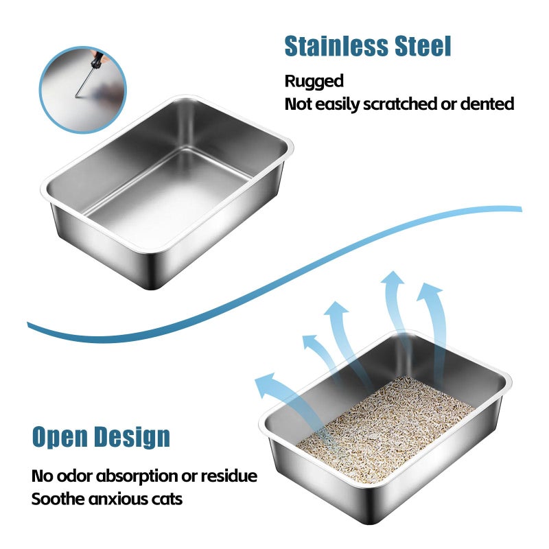 Tondid Stainless Steel Cat Litter Box, Metal High Sided Kitty Large Litter Box Pan,Non-Sticky, Easy to Clean, Pet Toilet Supplies for Kitten, Rabbit (Silver, 17.7" x13.8" x6") - Image 4