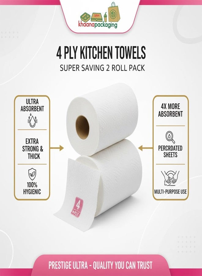 Khaana Packaging Prestige 4 Ply Kitchen Tissue Rolls by Khaana Packaging - 120 Pulls (60 Towels x 2 Rolls) | 100% Natural Virgin Cellulose Fiber | Ultra Soft, Strong & Highly Absorbent Paper Towels, Kitchen Towel - Image 2