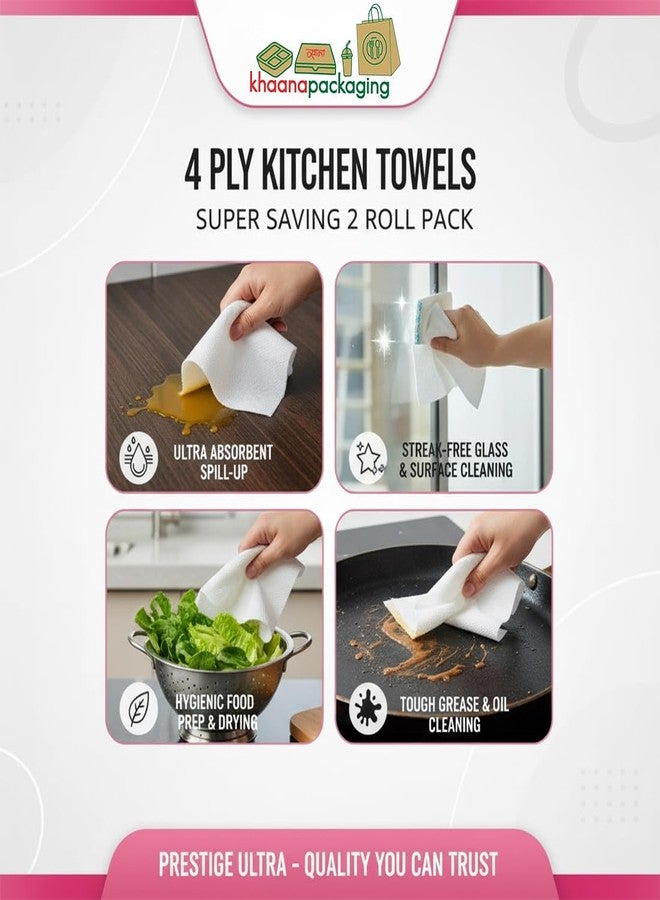 Khaana Packaging Prestige 4 Ply Kitchen Tissue Rolls by Khaana Packaging - 120 Pulls (60 Towels x 2 Rolls) | 100% Natural Virgin Cellulose Fiber | Ultra Soft, Strong & Highly Absorbent Paper Towels, Kitchen Towel - Image 4