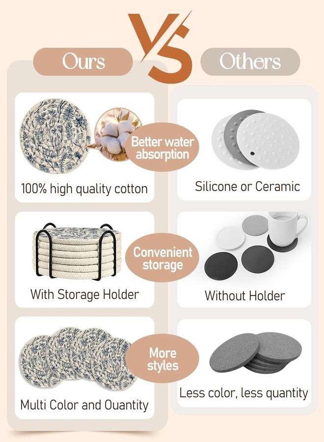 Kokaaee Cup Coasters for Drinks Absorbent - for Coffee Wooden Table Office Cute Farmhouse Outdoor Rustic Desk Kawaii Woven Women Girls Kids Soft Cloth Braided Fabric Floral Flower Coaster with Holder - Image 3