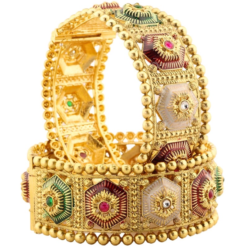 Lavazza مجموعة أساور معدنية ذهبية بأسلوب راجوايدي للنساء والفتيات مع زركون أحمر وأخضر | أساور تقليدية ملكية | أساور نوع قفل برغي - مجموعة من 2 أساور - Image 1