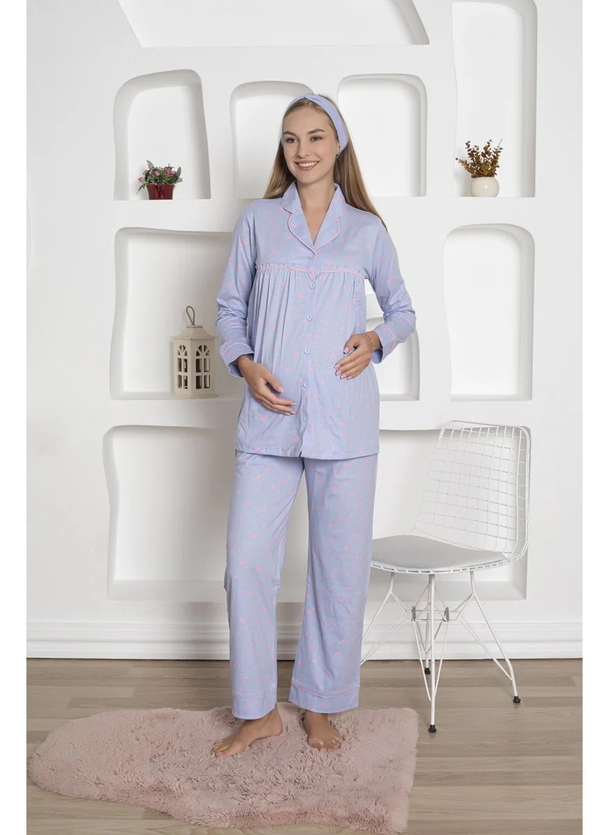 Bie'S Heart-patterned Maternity Long Sleeve Seasonal Waist Adjustable Cotton Pajama Set-Wide Pattern