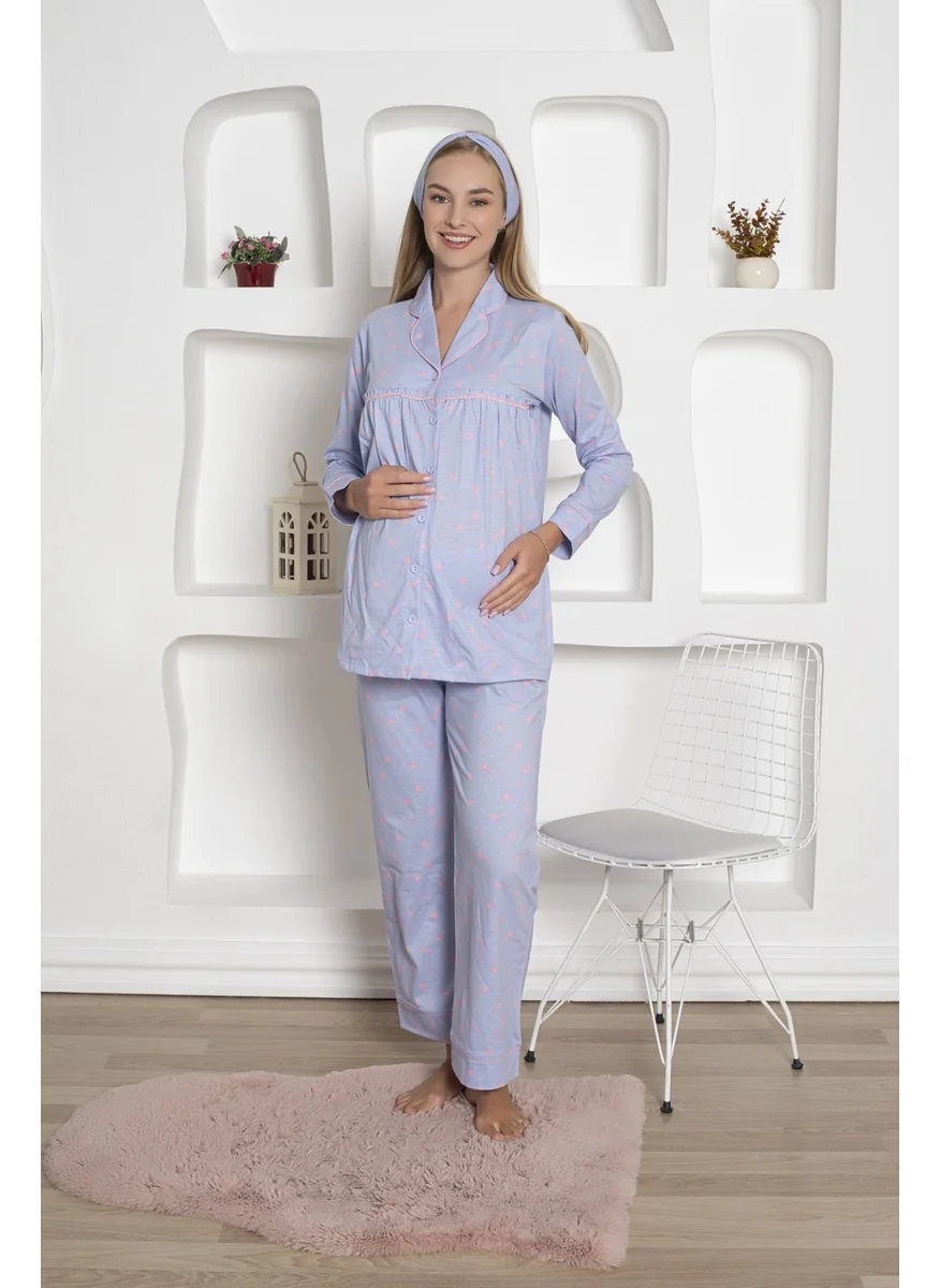 Bie'S Heart-patterned Maternity Long Sleeve Seasonal Waist Adjustable Cotton Pajama Set-Wide Pattern