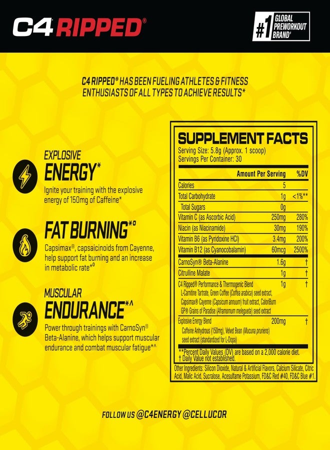C4 Cellucor C4 Ripped Pre Workout Powder Raspberry Lemonade | Creatine Free + Sugar Free Preworkout Energy Supplement for Men & Women | 150mg Caffeine + Beta Alanine| 30 Servings (Packaging May Vary) - Image 2