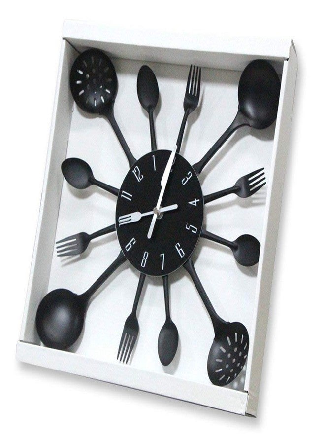 تايم لايك ساعة حائط بتصميم عصري أنيق، مقاس 16 بوصة، مصنوعة من المعدن، على شكل ملعقة وشوكة، تُستخدم كديكور منزلي حديث وعصري، وتتميز بنمط عتيق (أسود-أسود). - Image 5