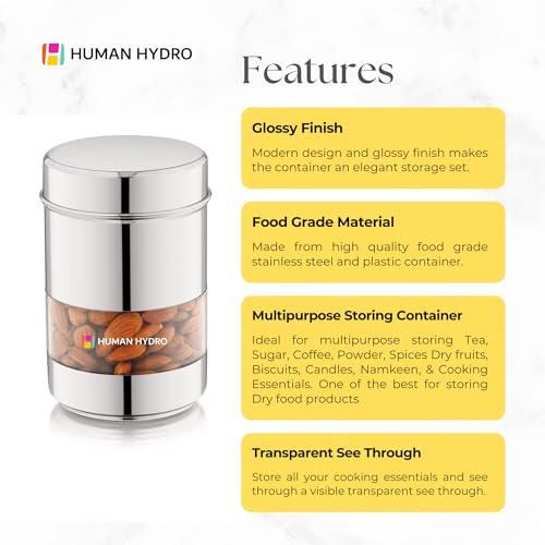 Human Hydro Stainless Steel Storage Containers with Airtight Lids (Set of 4, 750ml Each) | See-Through Window | Glossy Finish | Multipurpose Jars for Spices, Grains, Snacks & Pantry Storage - Image 3