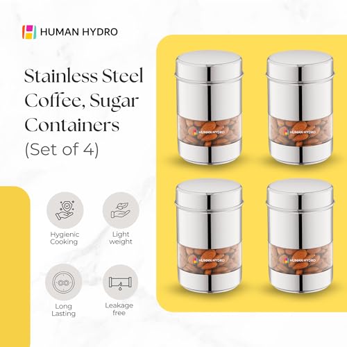 Human Hydro Stainless Steel Storage Containers with Airtight Lids (Set of 4, 750ml Each) | See-Through Window | Glossy Finish | Multipurpose Jars for Spices, Grains, Snacks & Pantry Storage - Image 2