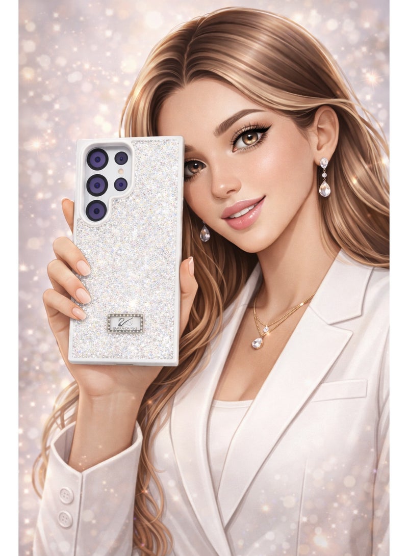 في آر كرييتيف غطاء هاتف فاخر لامع مرصع بالألماس لهاتف Samsung Galaxy S23 Ultra مع أحجار الراين المتلألئة للحماية - أبيض - Image 5