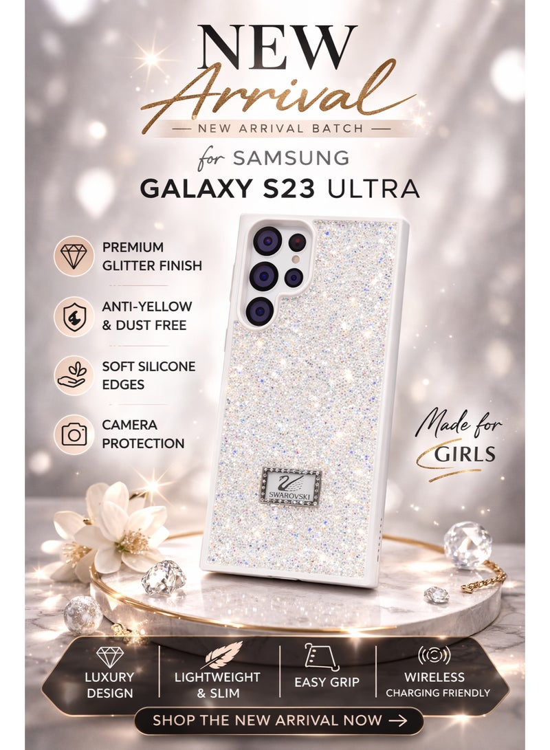 في آر كرييتيف غطاء هاتف فاخر لامع مرصع بالألماس لهاتف Samsung Galaxy S23 Ultra مع أحجار الراين المتلألئة للحماية - أبيض - Image 3