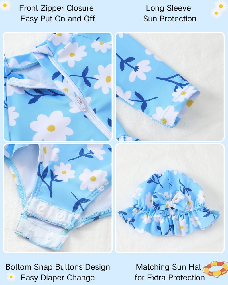 Yhnslsf Baby Girl One-Piece Swimsuit 6-12 Months with Hat Set,Summer Long Sleeve Blue Daisy Floral Zipper Front Ruffle Infant Girls Bathing Suit 9-12 Month Baby Beach Essentials Rash Guard Swimwear - Image 4