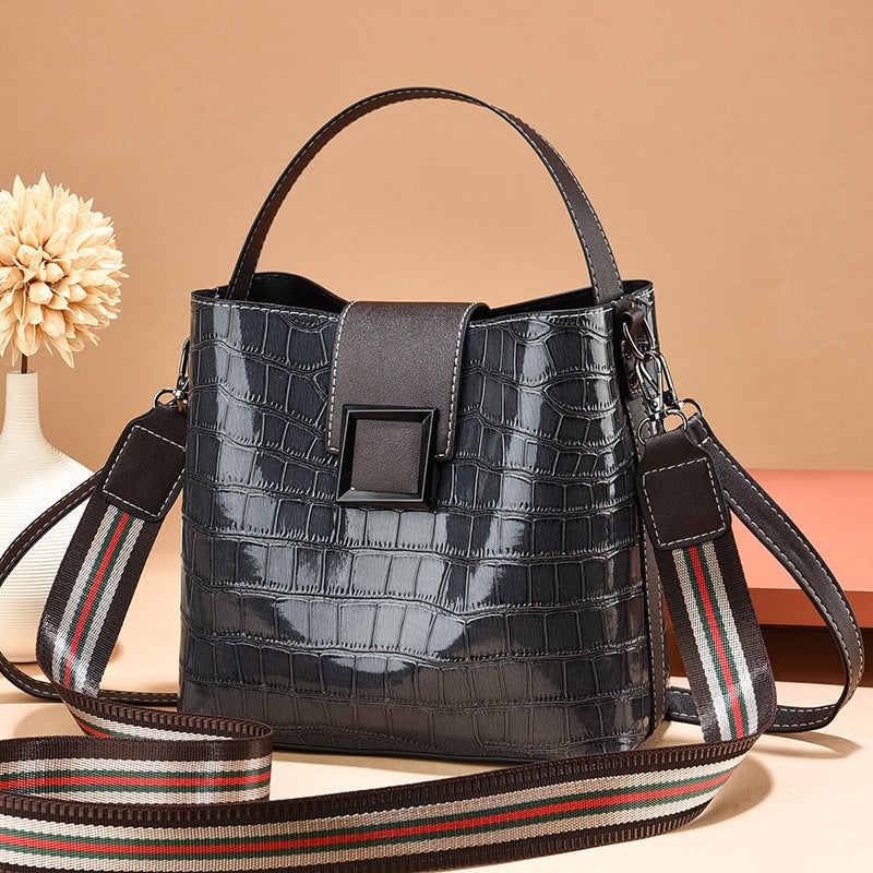 Bright Leather Stone Pattern Bucket Bag Women'S Wide Band Handbag Fashion High-End Shoulder Crossbody Bag For Women - Image 5
