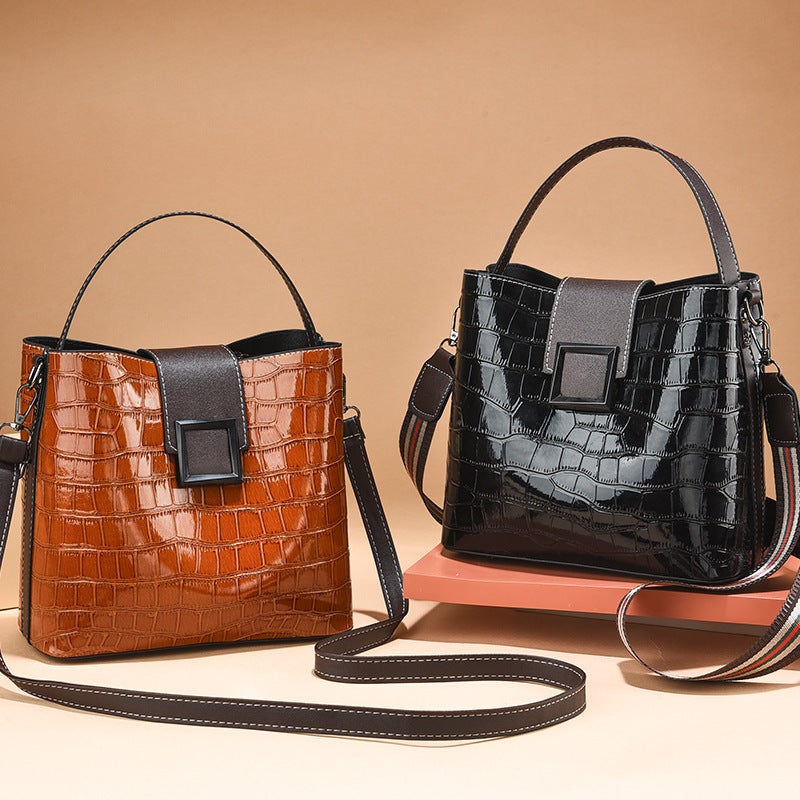 Bright Leather Stone Pattern Bucket Bag Women'S Wide Band Handbag Fashion High-End Shoulder Crossbody Bag For Women - Image 4