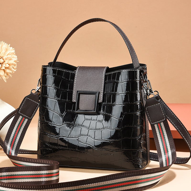 Bright Leather Stone Pattern Bucket Bag Women'S Wide Band Handbag Fashion High-End Shoulder Crossbody Bag For Women - Image 2
