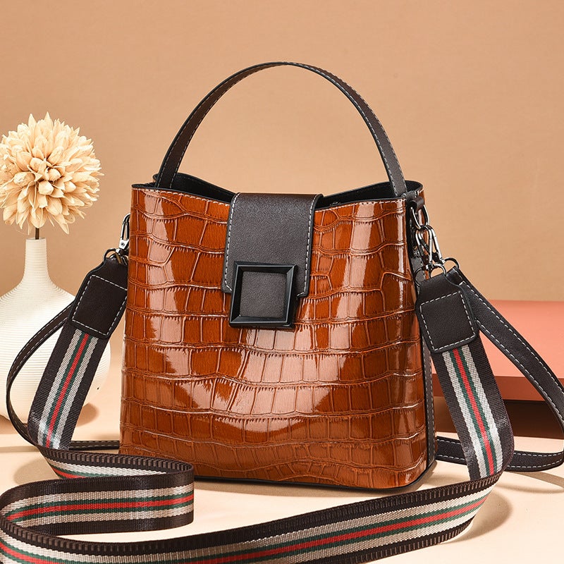 Bright Leather Stone Pattern Bucket Bag Women'S Wide Band Handbag Fashion High-End Shoulder Crossbody Bag For Women - Image 3