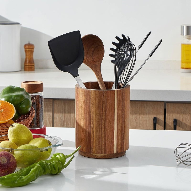 Acacia Wood Utensil Holder, 360° Rotating Kitchen Organizer, Farmhouse Decor, 7.2" - Image 3