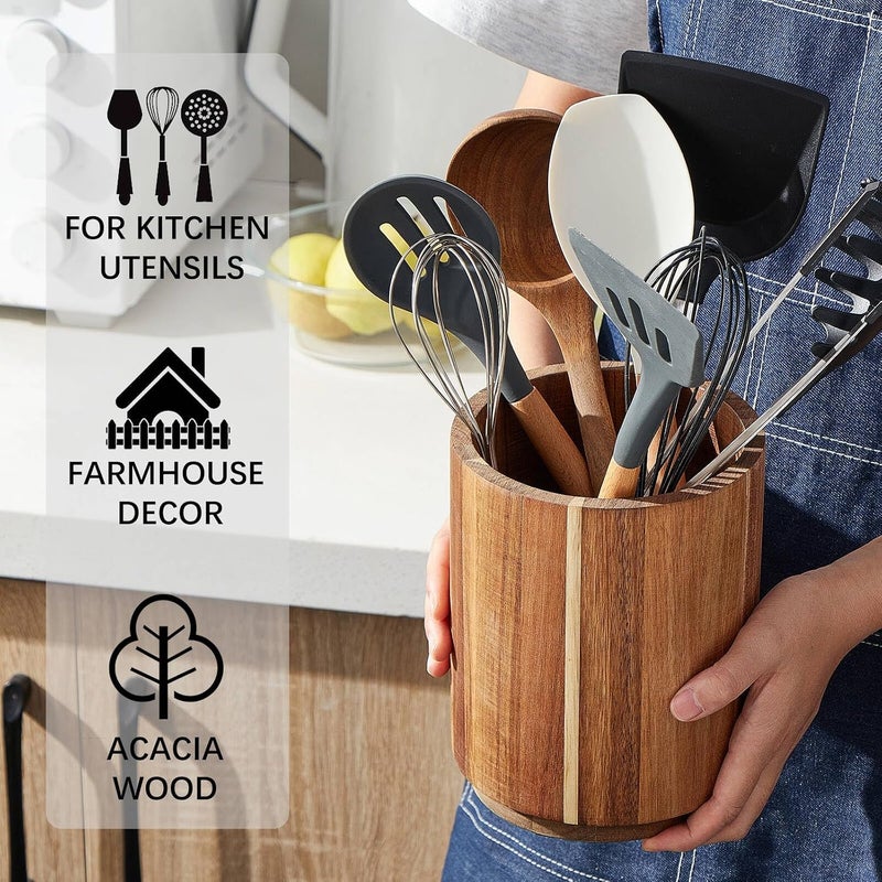 Acacia Wood Utensil Holder, 360° Rotating Kitchen Organizer, Farmhouse Decor, 7.2" - Image 4