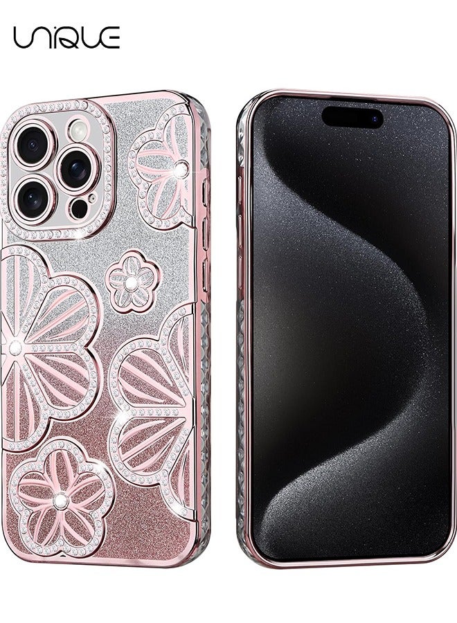 Unique For iPhone 16 Pro Phone Case - Rhinestone Flower Phone Case - Shiny Phone Case - Shockproof Phone Case - TPU Drop Protection - Pink - Image 1