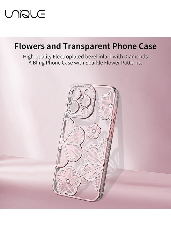 Unique For iPhone 16 Pro Phone Case - Rhinestone Flower Phone Case - Shiny Phone Case - Shockproof Phone Case - TPU Drop Protection - Pink - Image 2