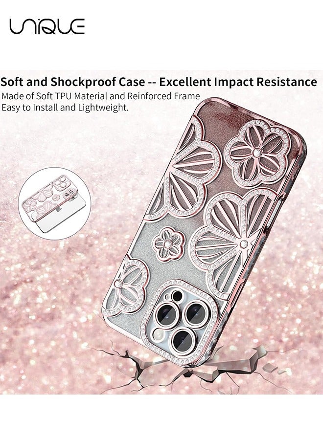 Unique For iPhone 16 Pro Phone Case - Rhinestone Flower Phone Case - Shiny Phone Case - Shockproof Phone Case - TPU Drop Protection - Pink - Image 3