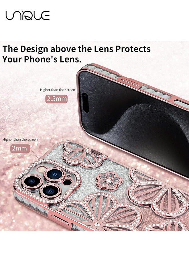 Unique For iPhone 16 Pro Phone Case - Rhinestone Flower Phone Case - Shiny Phone Case - Shockproof Phone Case - TPU Drop Protection - Pink - Image 4