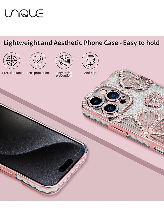 Unique For iPhone 16 Pro Phone Case - Rhinestone Flower Phone Case - Shiny Phone Case - Shockproof Phone Case - TPU Drop Protection - Pink - Image 5