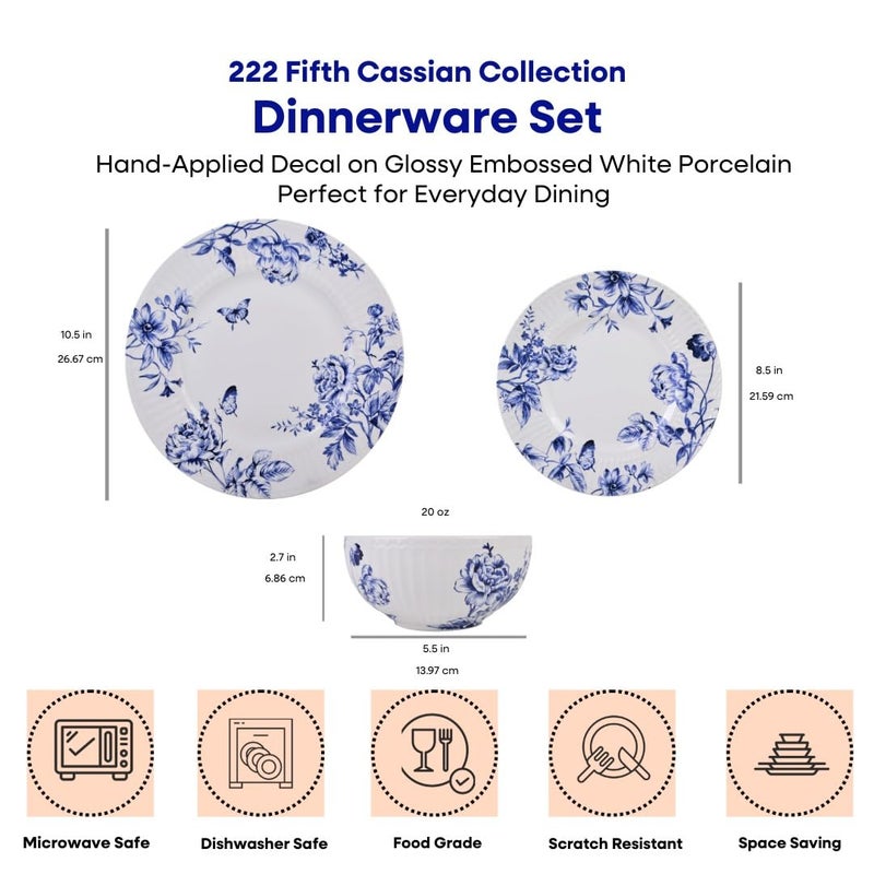 222 Fifth 12-Piece Porcelain Dinnerware Set for 4, White & Blue Plates and Bowls Set, Glossy Ceramic Dish Set with Embossed Toile Pattern, Elegant Kitchen Dishes, Microwave & Dishwasher Safe, Cassian - Image 2