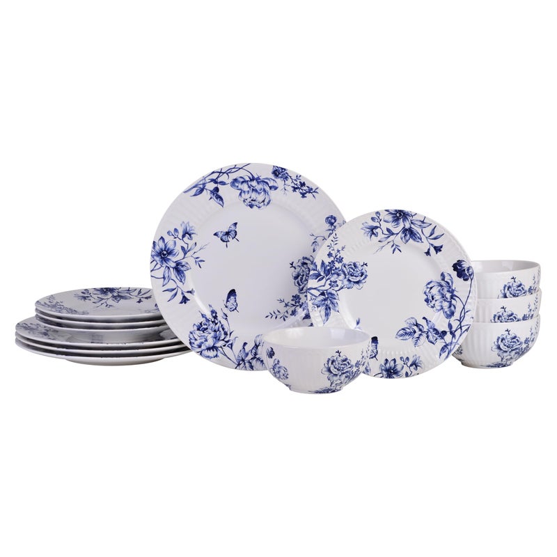 222 Fifth 12-Piece Porcelain Dinnerware Set for 4, White & Blue Plates and Bowls Set, Glossy Ceramic Dish Set with Embossed Toile Pattern, Elegant Kitchen Dishes, Microwave & Dishwasher Safe, Cassian - Image 1