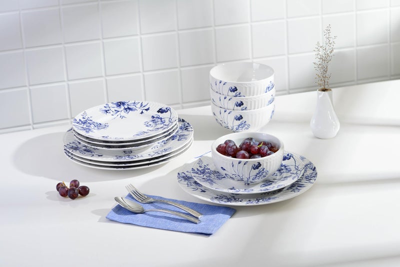 222 Fifth 12-Piece Porcelain Dinnerware Set for 4, White & Blue Plates and Bowls Set, Glossy Ceramic Dish Set with Embossed Toile Pattern, Elegant Kitchen Dishes, Microwave & Dishwasher Safe, Cassian - Image 4