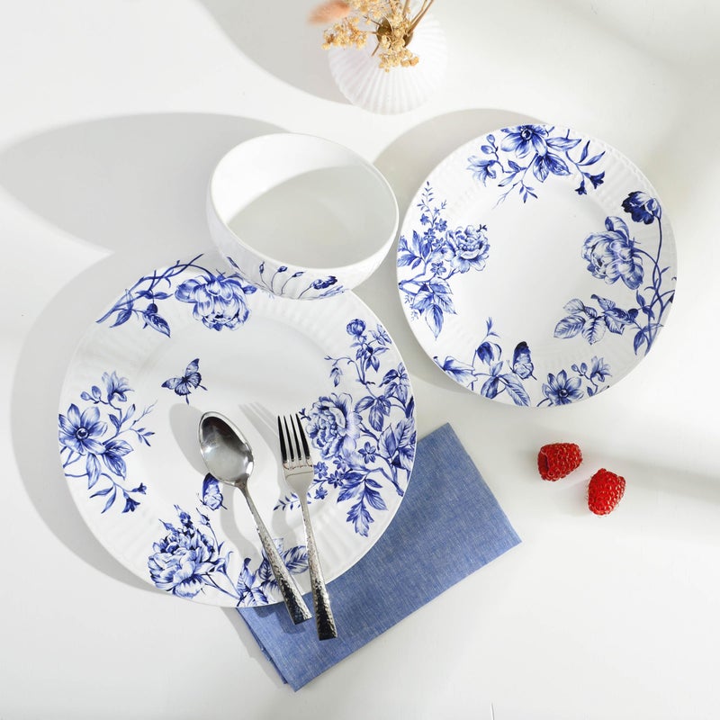 222 Fifth 12-Piece Porcelain Dinnerware Set for 4, White & Blue Plates and Bowls Set, Glossy Ceramic Dish Set with Embossed Toile Pattern, Elegant Kitchen Dishes, Microwave & Dishwasher Safe, Cassian - Image 3