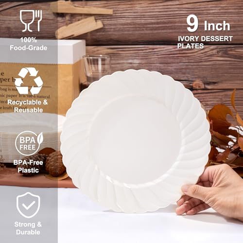 U-QE UQE 100 Count 9 Inch Ivory Plastic Plates for Valentines Day Scalloped Disposable Dinner Plates Premium Hard Fancy Disposable Heavy Duty Party Supplies for Celebrations and Events - Image 5