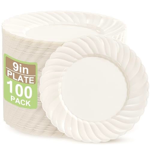 U-QE UQE 100 Count 9 Inch Ivory Plastic Plates for Valentines Day Scalloped Disposable Dinner Plates Premium Hard Fancy Disposable Heavy Duty Party Supplies for Celebrations and Events - Image 2