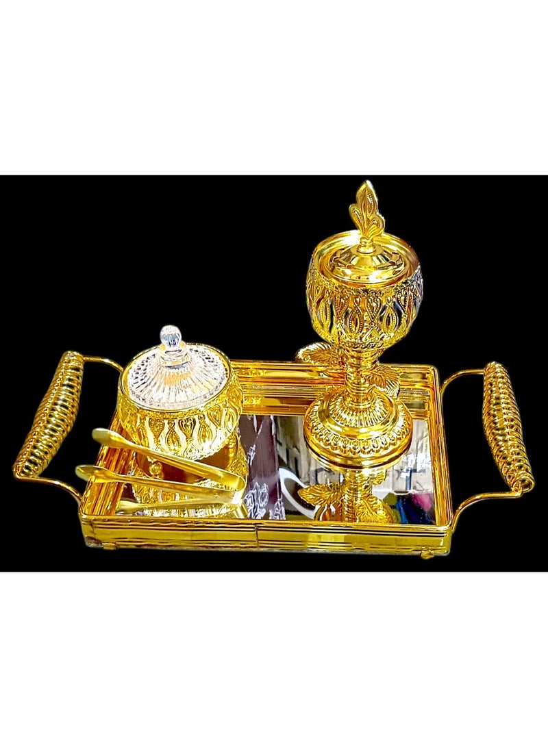 SAQOWARE Premium Luxury Crystal Bakhoor Burner, Holder,Tong,Fragrence Bottle and Gold Glass Basket Holder for Home,Decor and Weding Gift, Bakhoor Charcoal Burner,Madkhan,Mabkhara,Arabian Fragrance Sett - Image 1