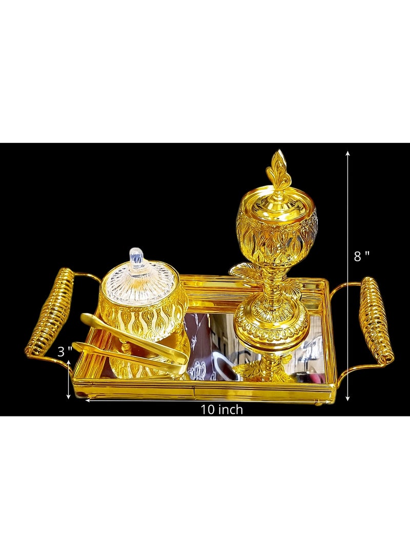 SAQOWARE Premium Luxury Crystal Bakhoor Burner, Holder,Tong,Fragrence Bottle and Gold Glass Basket Holder for Home,Decor and Weding Gift, Bakhoor Charcoal Burner,Madkhan,Mabkhara,Arabian Fragrance Sett - Image 2