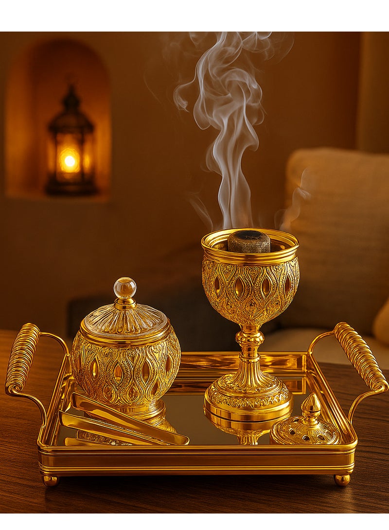 SAQOWARE Premium Luxury Crystal Bakhoor Burner, Holder,Tong,Fragrence Bottle and Gold Glass Basket Holder for Home,Decor and Weding Gift, Bakhoor Charcoal Burner,Madkhan,Mabkhara,Arabian Fragrance Sett - Image 3