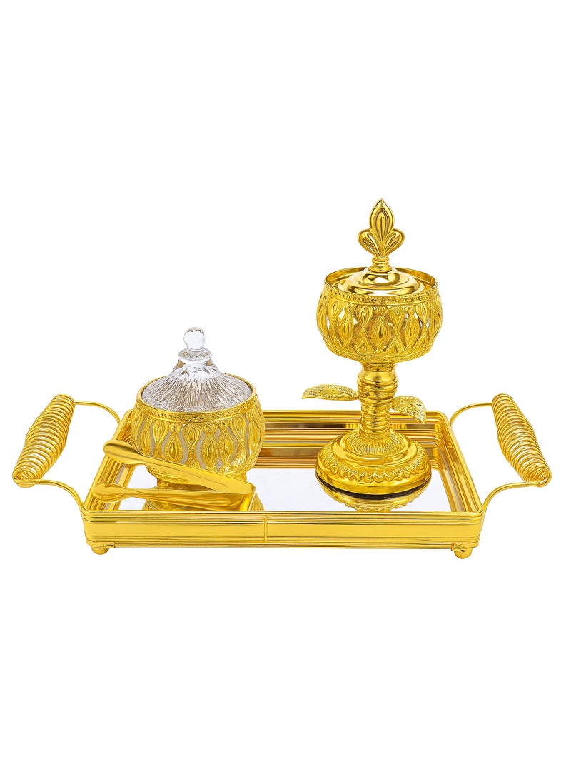 SAQOWARE Premium Luxury Crystal Bakhoor Burner, Holder,Tong,Fragrence Bottle and Gold Glass Basket Holder for Home,Decor and Weding Gift, Bakhoor Charcoal Burner,Madkhan,Mabkhara,Arabian Fragrance Sett - Image 4