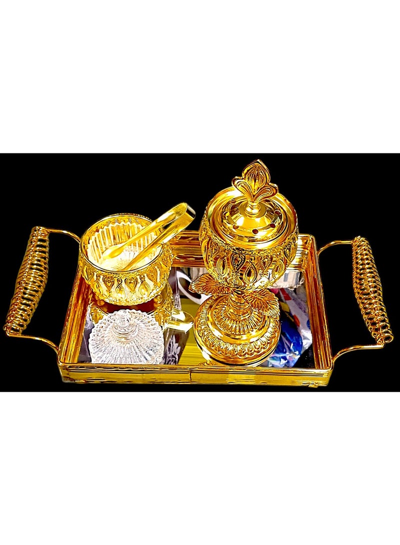 SAQOWARE Premium Luxury Crystal Bakhoor Burner, Holder,Tong,Fragrence Bottle and Gold Glass Basket Holder for Home,Decor and Weding Gift, Bakhoor Charcoal Burner,Madkhan,Mabkhara,Arabian Fragrance Sett - Image 5