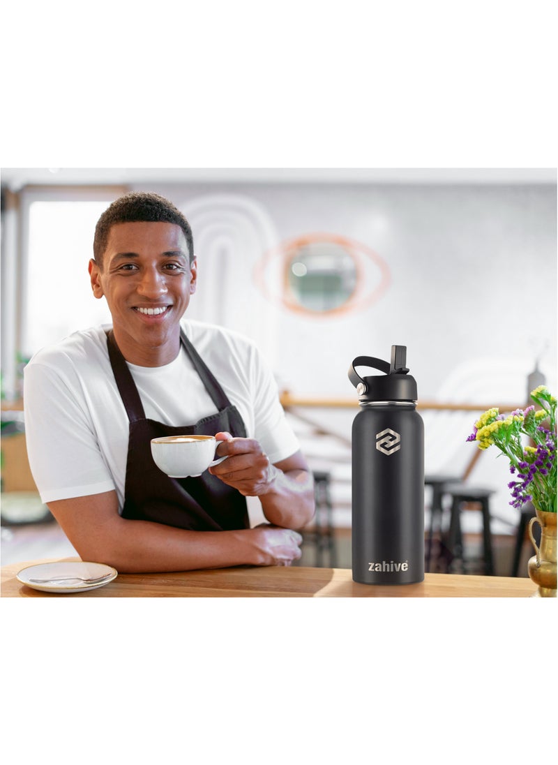 Zahive Insulated Stainless Steel Water Bottle with Straw with 3 Lids and Bag 1000 ml, Double Wall Thermos for Hot and Cold Drinks for Gym and Work, Wide Mouth, Leak Proof, 1 liter, Black  - Image 4